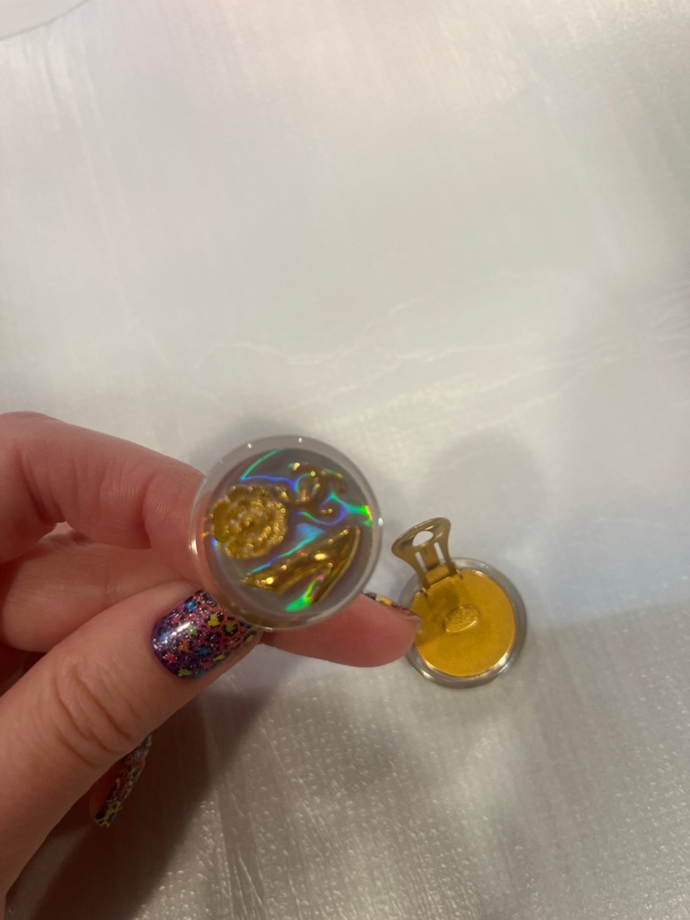 Chanel Iridescent Round COCOmark Camellia Heel Motif Clip on Earrings